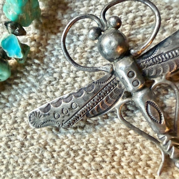 Vintage Native American Zuni Artist Silver Hand Stamped Dragonfly Brooch